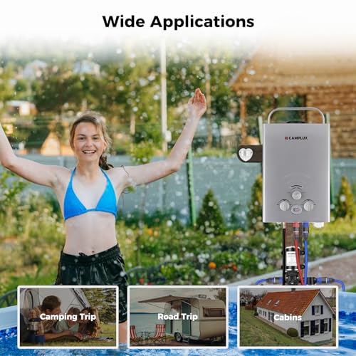 CAMPLUX 2.64 GPM Propane Portable Gas Water Heater, 68,000 BTU Outdoor Tankless Camping Water Heater with Digital Display, White