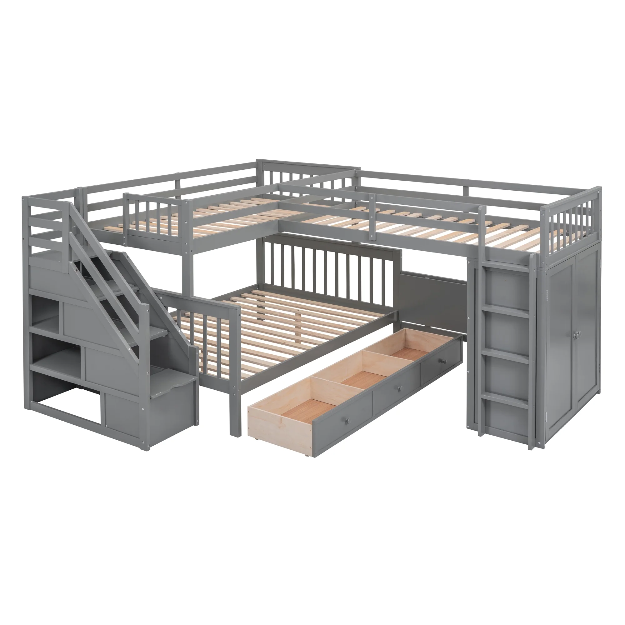 Churanty Twin-Twin Over Full L-Shaped Bunk Bed with Wardrobe Space,Solid Wood Staircase Bunk Bed with Portable Desk,Gray