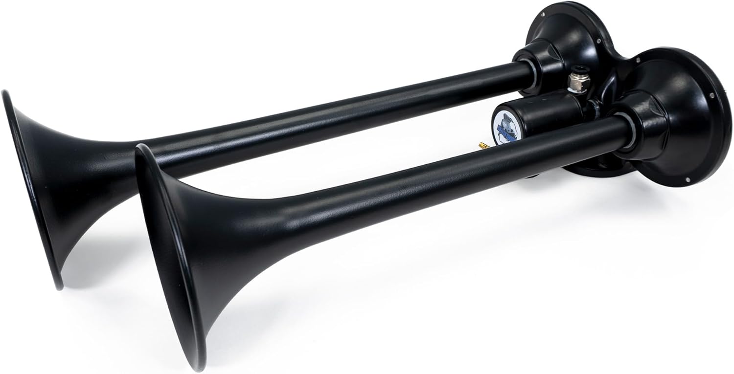 HornBlasters 12V 2-Chime 3-Liter Air Horn Kit with 110 PSI 3-Liter Air Source Unit & 2-Chime Stealth Black Air Horn for Cars & Trucks
