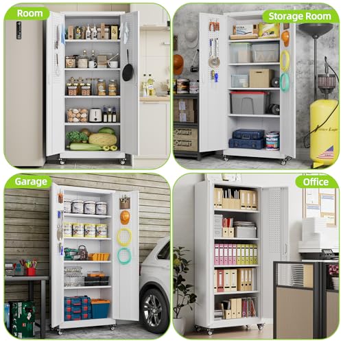 Aobabo 71" H×34" W×18" D Garage Metal Storage Cabinet with Wheels, Locking Steel Storage Cabinet with 5 Shelves and 4 Hooks, for Home Office, School, Assembly Required, Black Silver