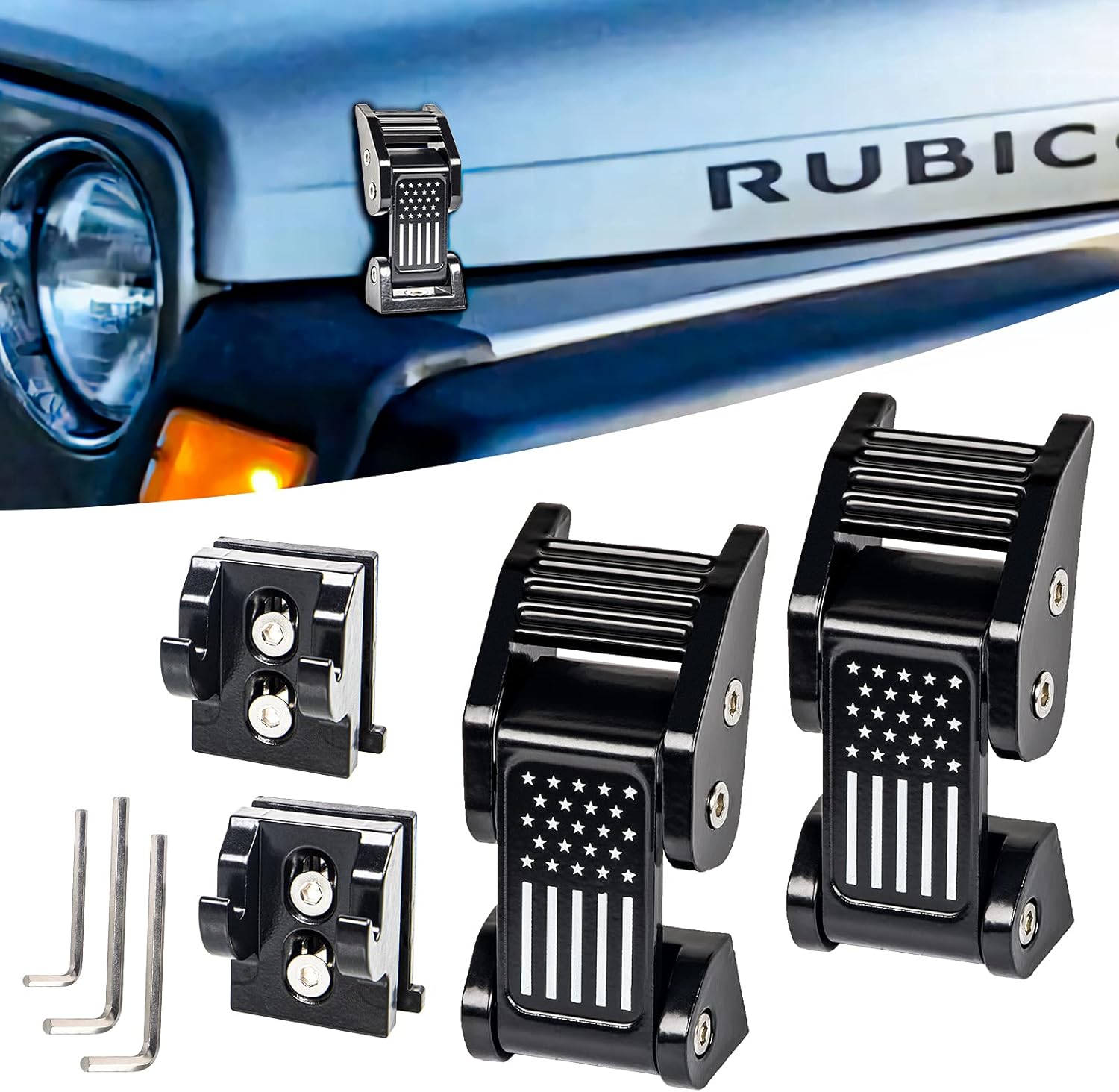 Buling TJ Hood Latches Improved Design Aluminum Hood Catch Latch Kits Compatible with Jeep Wrangler TJ 1997-2006 (Texture Black US Flag)