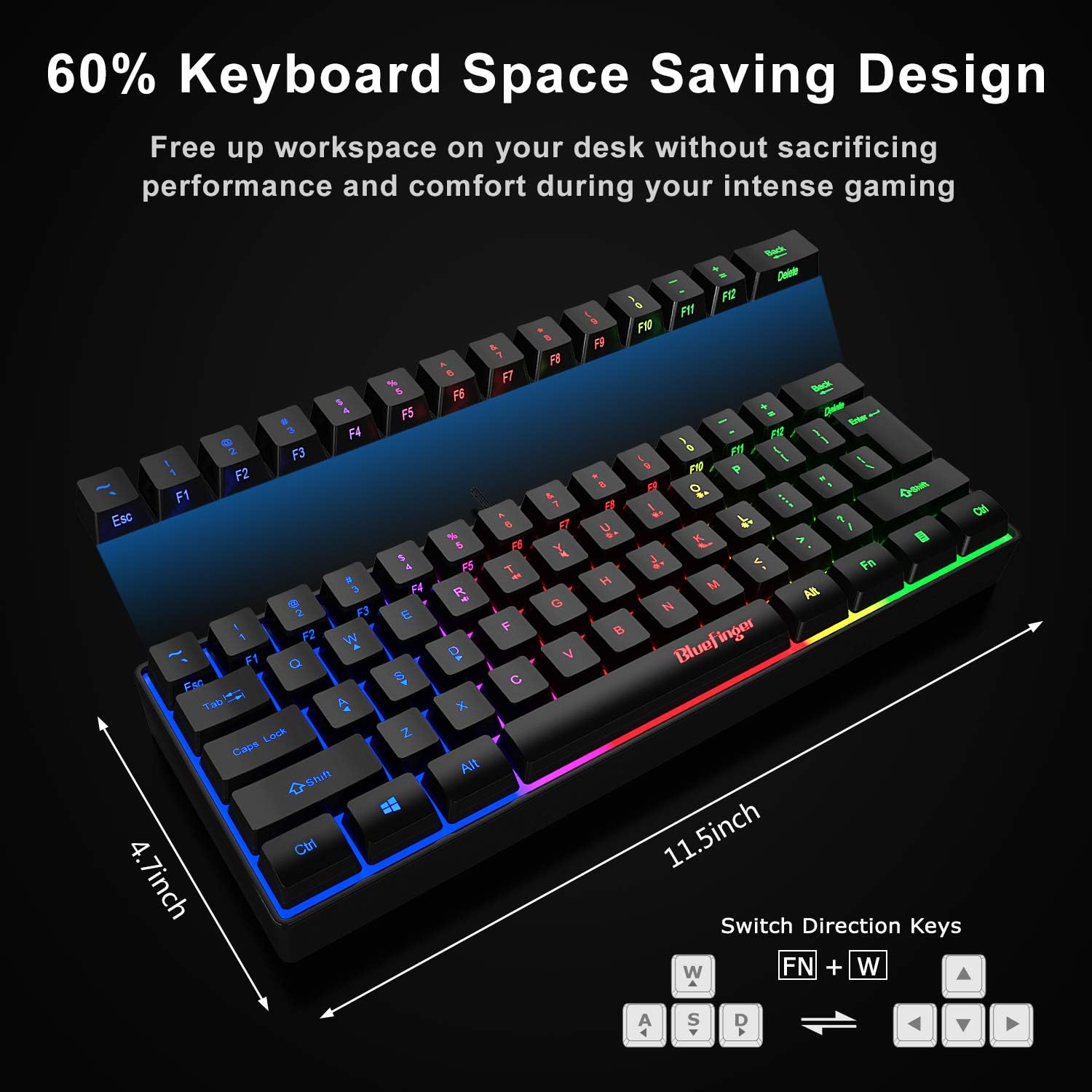 Bluefinger 60% Gaming Keyboard and Mouse Combo, Compact 61 Keys RGB Rainbow Backlit USB Wired Gaming Keyboard with Illuminated Gaming Mouse for PC Laptop Computer Gamer Office Work