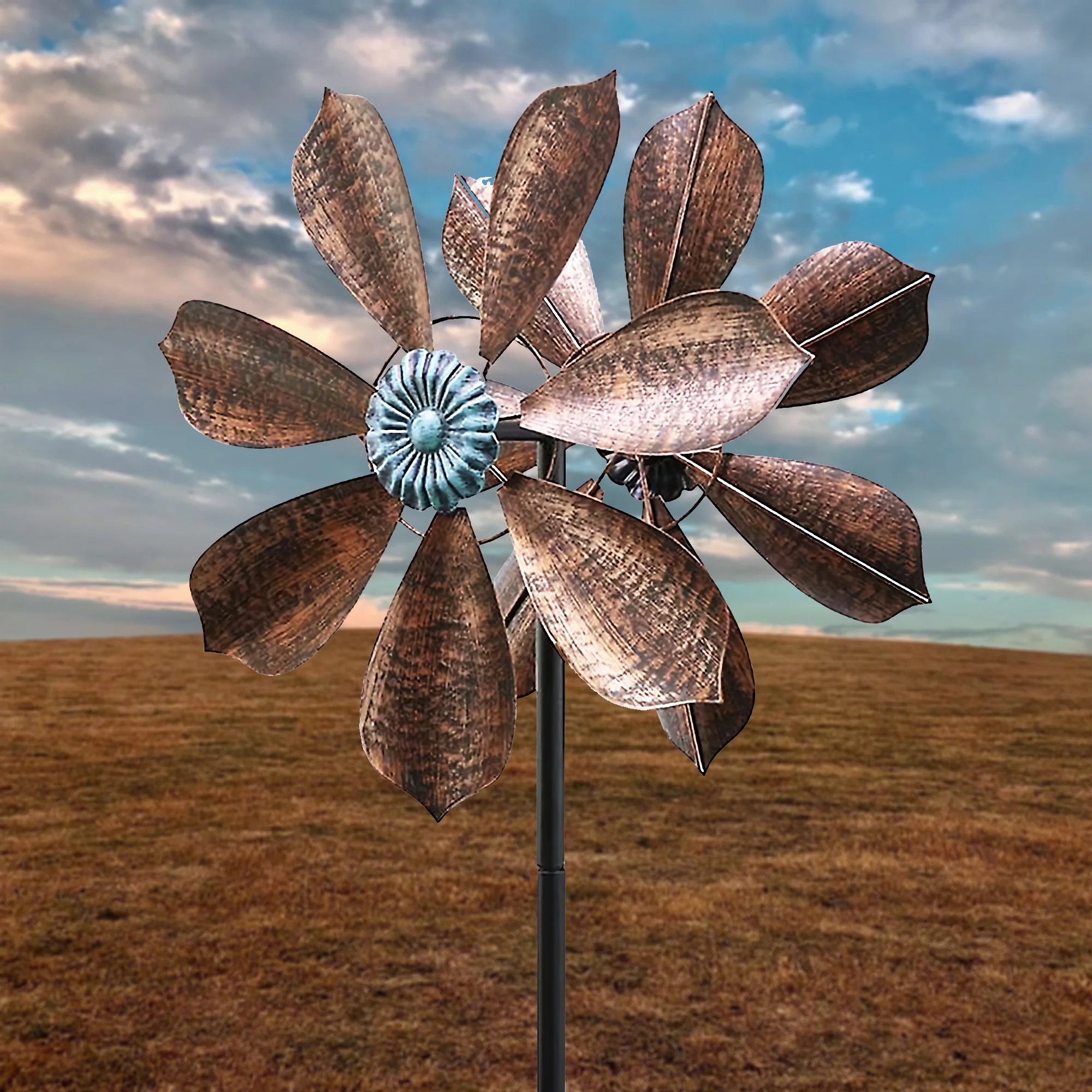 Wind Spinner, 60 inch Metal Wind Spinner, 360° Dual Direction Kinetic Wind Spinners with Bronze Leaves and Blue Flower Core, Windmill for Outdoor Yard Patio Lawn & Garden