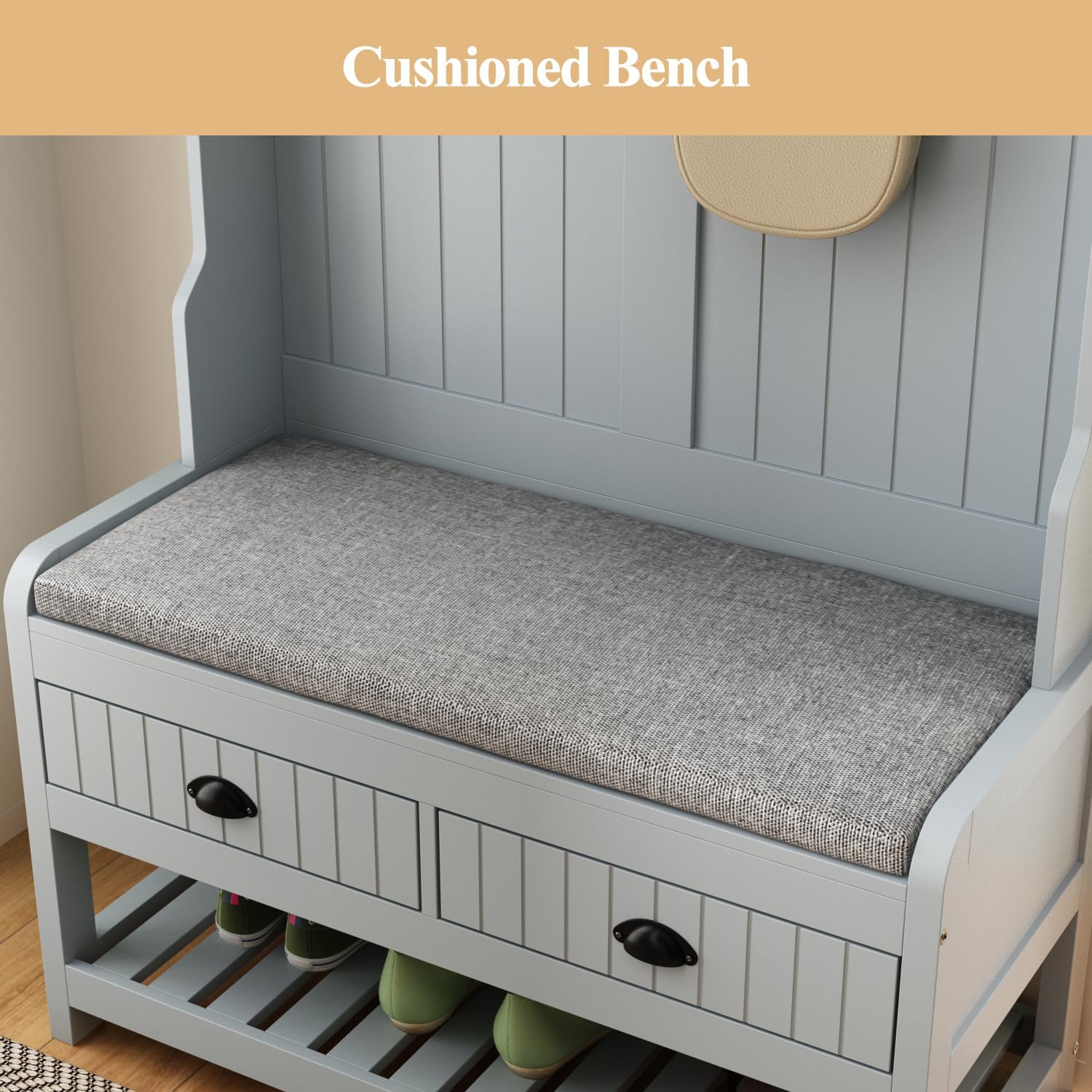 Hall Tree with Bench and Shoe Storage, Multi-Purpose Entryway Bench with Coat Rack, Padded Seat Cushion, 4 Double Hooks, Open Shelves and 2 Drawers, Grey