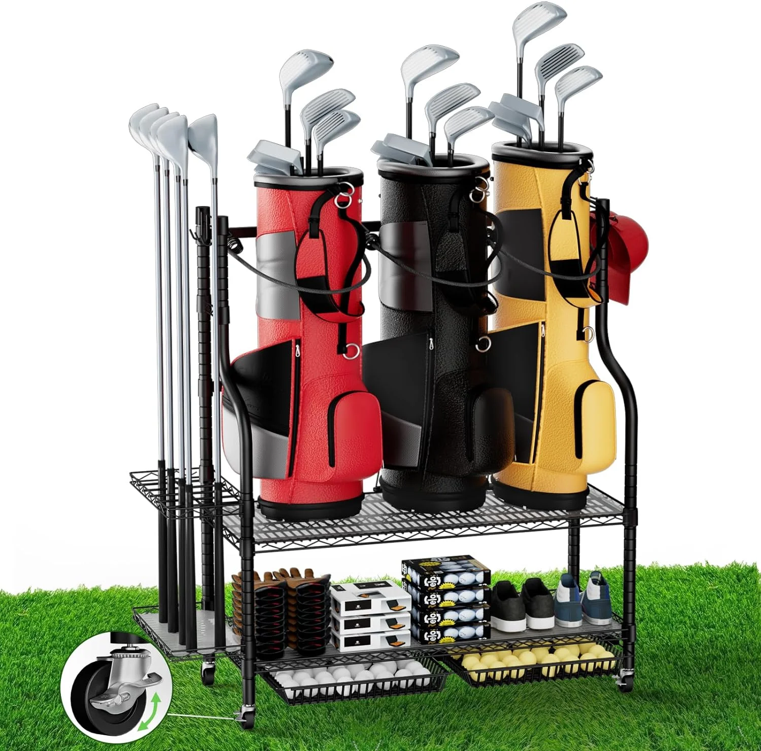 HYUN Golf Bag Organizer, Heavy Duty Golf Organizer Fit for 3 Golf Bags and Golf Equipment Accessories, Golf Bag Storage Rack with Wheels & Elastic Ropes for Garage, Club and Shed, Easy Assembly - Curated Treasures Market