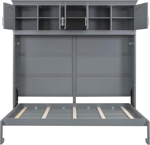 MERITLINE Queen Horizontal Murphy Bed Cabinet with Storage Bookcase Shelves and Charging Station,Wood Folding Grey Murphy Wall Bed for Adult