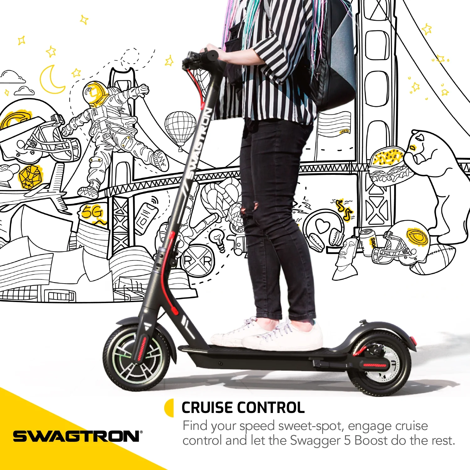 Swagtron Adult Electric Scooter Swagger 5 Boost, 320 lb Weight Limit, 8.5 Inch No-flat Tires, 300W Motor, Quick Folding, 18 Mph, UL 2272 Certified, Long Range