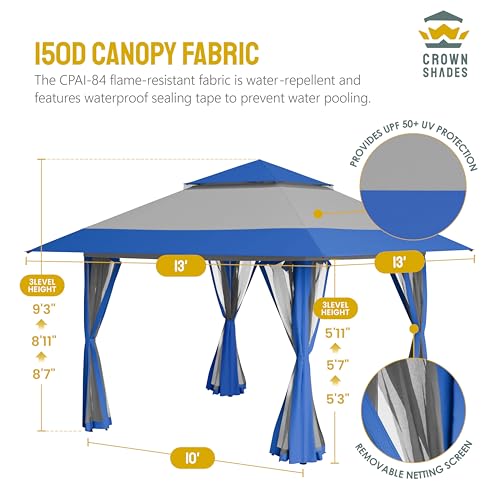 CROWN SHADES 13x13 Pop Up Gazebo, Canopy Tent, Gazebos on Clearance - Outdoor Gazebo for Backyard & Patio Furniture - Carpa Pop Up Tent with Wheeled STO-N-Go Cover Bag (Grey)