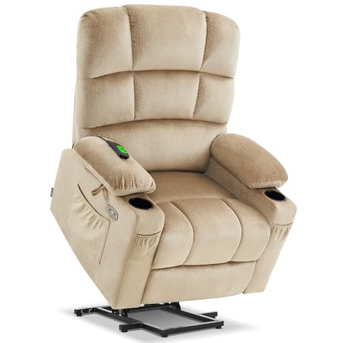 MCombo Large Dual Motor Power Lift Recliner Chair for Elderly, Massage and Heat, Lay Flat, Zero Gravity, Home Button, USB Port, Fabric 7680 (Large, Beige)