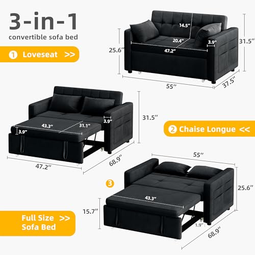 DWVO 55" Futon Couch, 3-in-1 Futon Sleeper with Pull-Out Bed, Convertible Sofa Bed with Adjustable Backrest and Side Pocket, Modern Loveseat Sleeper for Living Room, Grey Velvet, Full Size