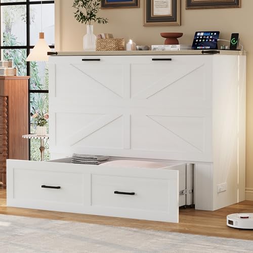Wooden Murphy Cabinet Bed Frame with Charging Station, Full-Size Foldable Wall Bed with Large Storage Drawer for Home Apartment Limited Living Places, Space-Saving Hidden Bed No Box Spring Needed