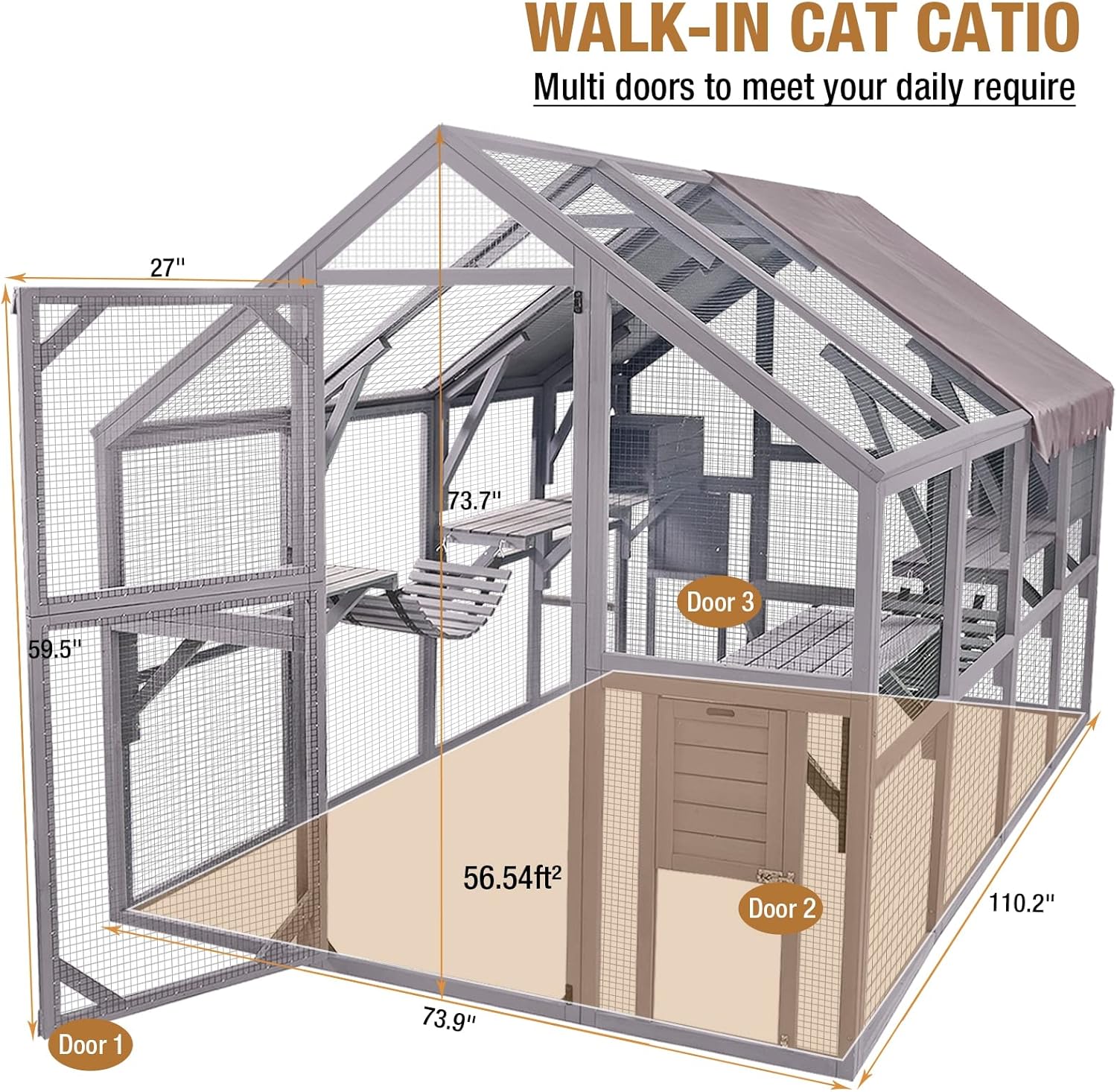 Catio Outdoor Cat Enclosure Large Cat House for Mulitiple Cats Walk in Cat Cage with Waterproof Roof, 6 Platforms Wooden Feral Cat Play Run Shelter, 60" H