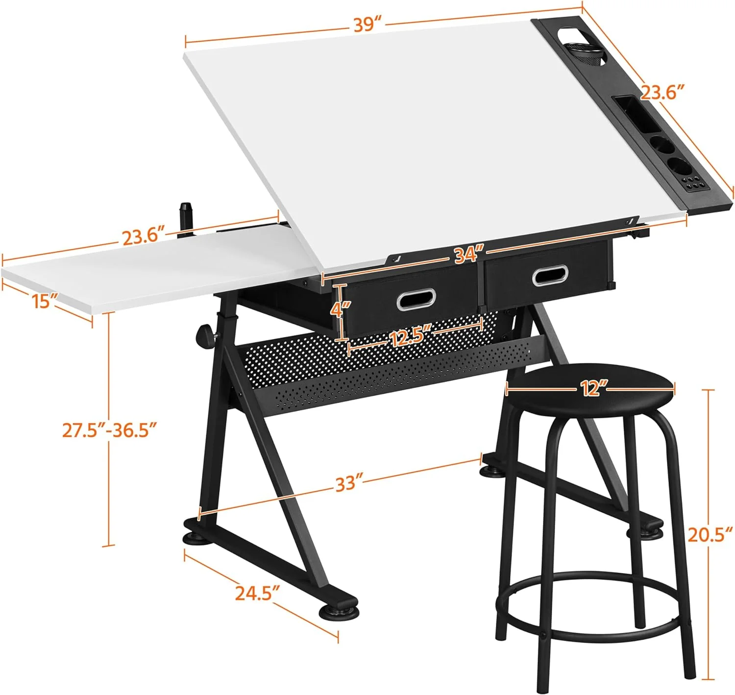Height Adjustable Drafting Table Drawing Table Artist Desk Tilting Tabletop Art Craft Desk Watercolor Paintings Sketching Work Station w/2 Storage Drawers and Stool for Home Office