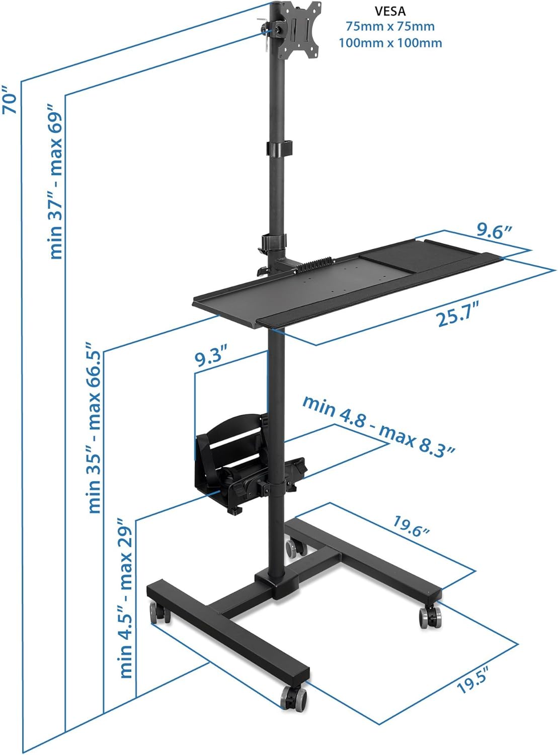 Mount-It! Rolling Computer Cart, Mobile Workstation with Tray Monitor Mount and CPU Holder, Height Adjustable and Mobile Stand for Office and Industrial Use