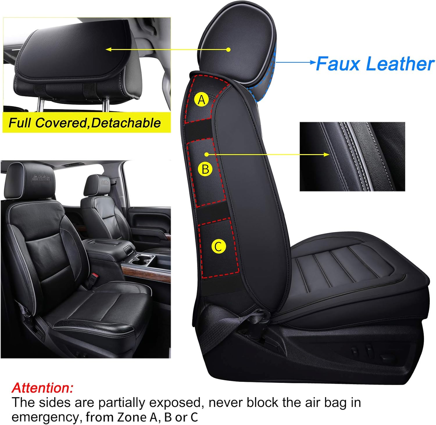 LUCKYMAN CLUB 56-SLD Seat Covers Fit for 2007-2020 Chevy Silverado Sierra 1500 / 2500 HD / 3500 HD Crew,Double,Extended Cab with Water Proof Faux Leather (Black Full Set)