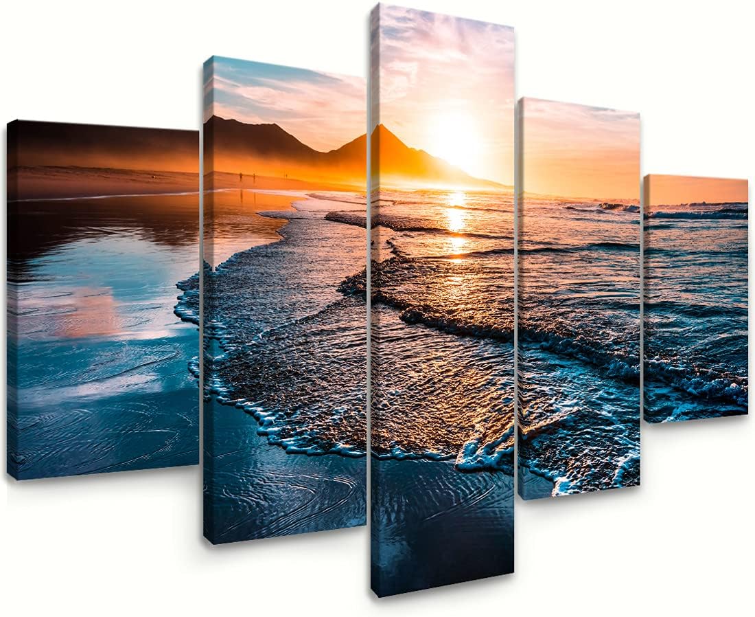 Canvas Prints Wall Art Beach Sunset Ocean Waves Nature Pictures for Living Room Office Home Decorations 5 Piece Large Modern Stretched and Framed Ready to Hang Landscape Artwork