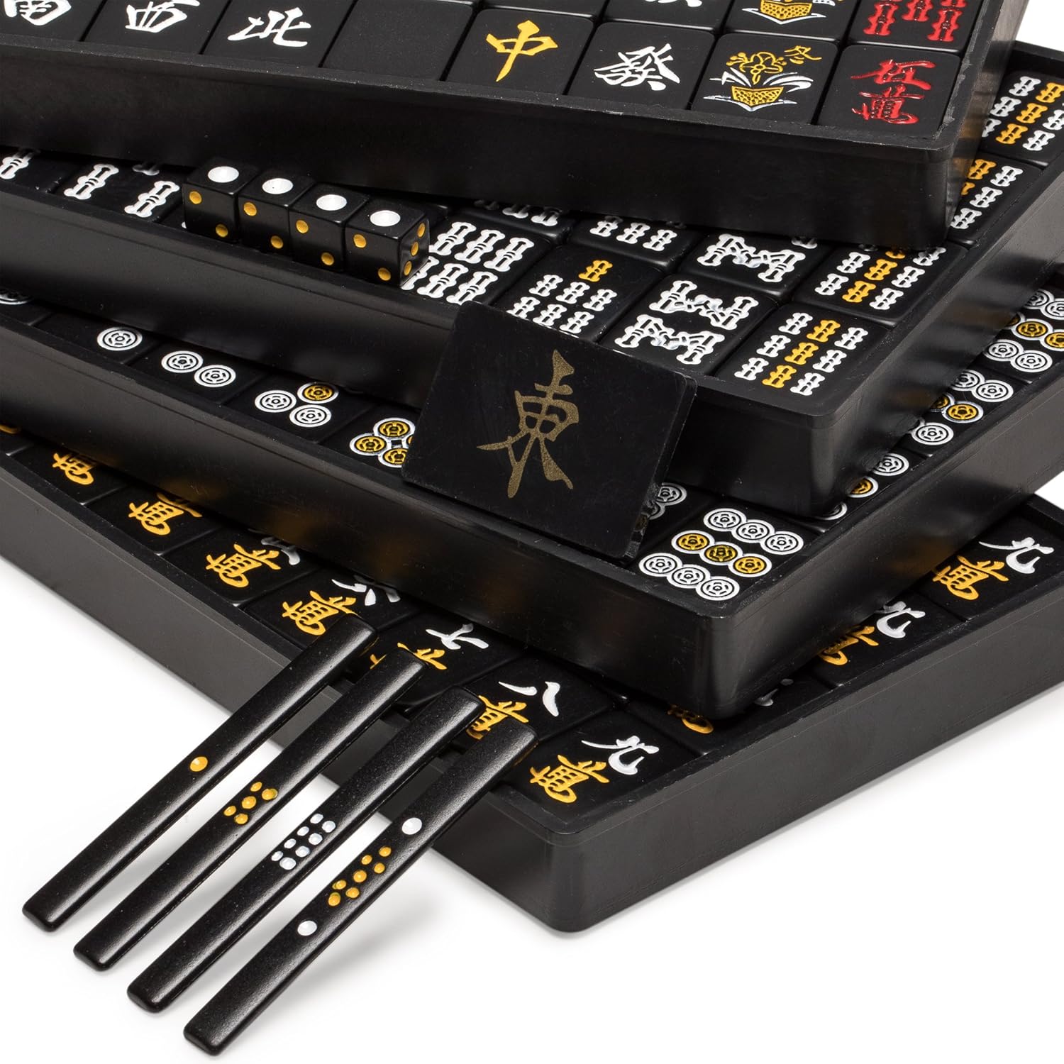 Yellow Mountain Imports Japanese Riichi Mahjong Set - Black Standard Size Tiles and Vinyl Case - with East Wind Tile, Set of Betting Sticks, & Dice Pack of 2