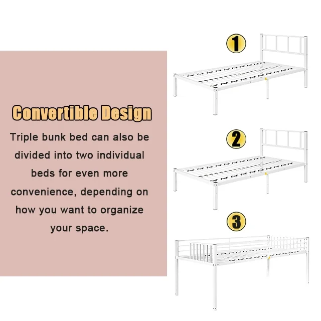 Triple Bunk Beds, Metal Twin XL over Twin & Twin Bunk Bed for 3, Kids Triple Bunk Can be Separated into 3 Beds (White)