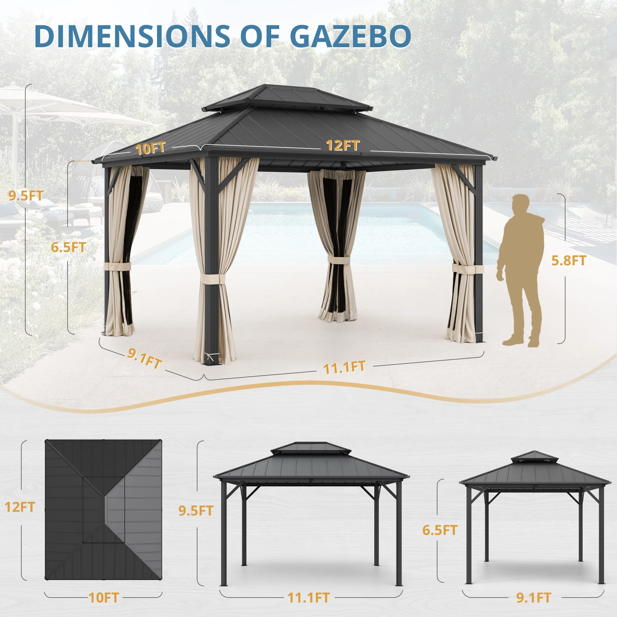 Dycanpo Hardtop Gazebo with Nettings Curtains, Galvanized Steel Double Roof Pergola,10'x12',Black - Curated Treasures Market