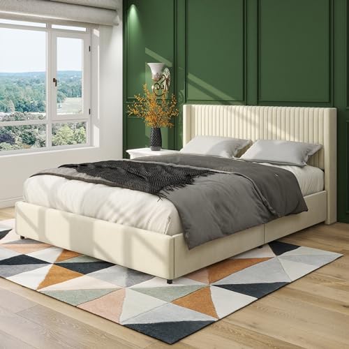 Queen Size Linen Upholstered Platform Bed Frame with 4 Storage Drawers and Wingback Headboard, Wooden Slat Mattress Support, No Box Spring Needed, Grey