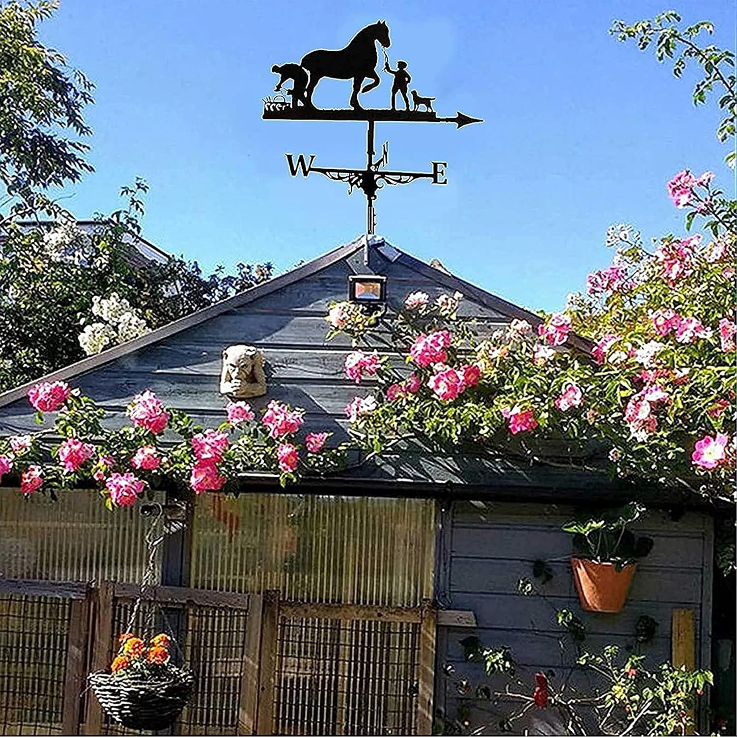 Decoration Wind Vane, Weathervane with Roof Mount Weathercock Wind Direction Indicator, Retro Farmer and Horse Metal Weathervane Garden, Creative Stainless Steel Home Decor Ornament