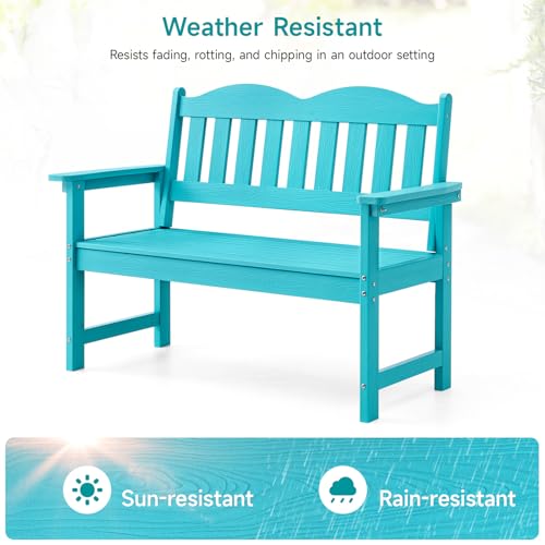 Outdoor Bench, 2-Person Poly Lumber Garden Bench with 800 lbs Weight Capacity, All-Weather Patio Bench with Armrests and Backrest for Garden, Porch, Backyard and Park, Blue