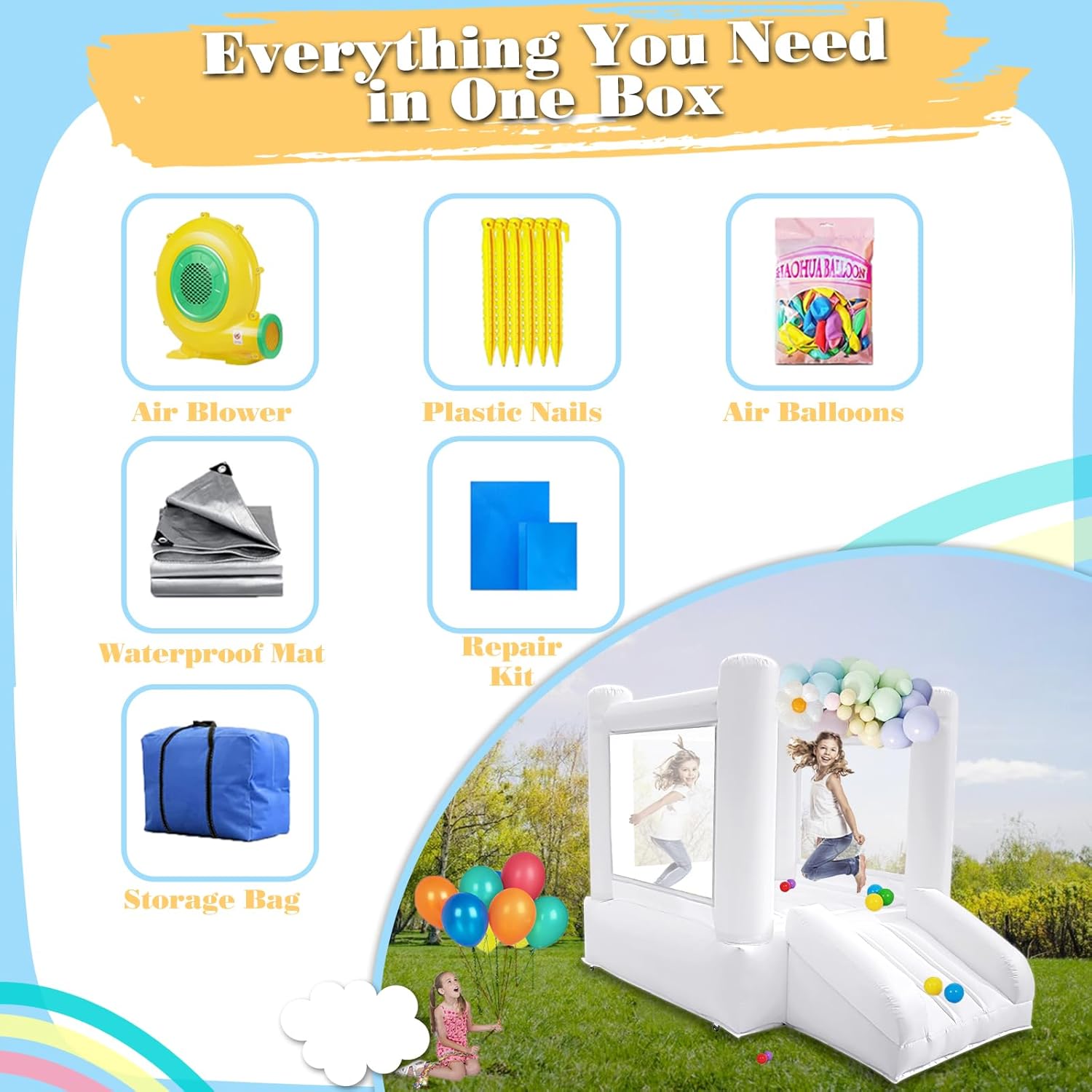 Small White Bounce House with Slide, Mini Indoor Bounce House Castle for Kids Aged 2-6, Outdoor Inflatable Jump House with UL Blower for Family Backyard Toddler Birthday Party