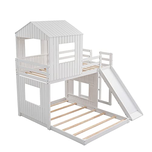Harper & Bright Designs House Floor Bunk Beds with Slide, Wooden Twin Over Full Bunk Beds with Slide, Roof and Guard Rail for Kids, Teens, No Box Spring Needed (White, Twin Over Full Size)