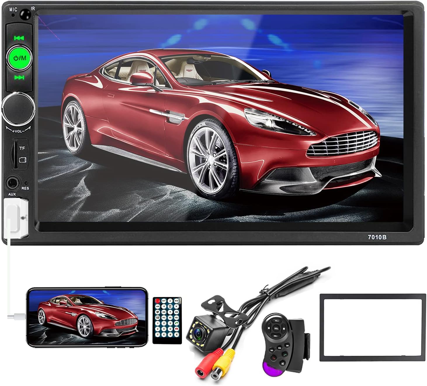 Car Stereo Double Din Car Radio 7 Inch HD Player MP5 Touch Screen Digital Display Bluetooth Multimedia 2 Din FM Radio Receiver AUX In USB TF Card Input Mobile Mirror Link with 12 LED Car Backup Camera