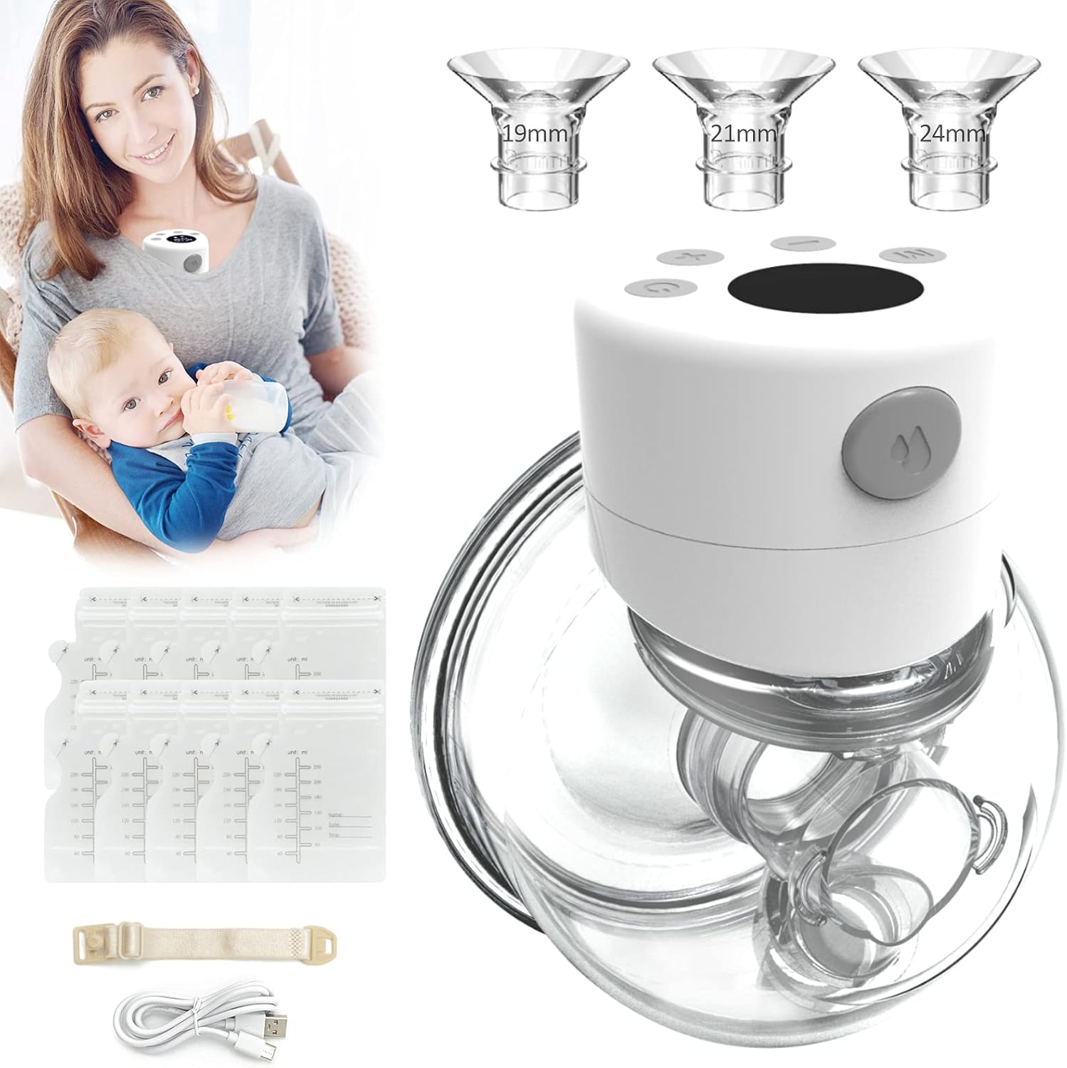 LORYHALL Electric Wearable Breast Pump, Hands Free Electric Breast Pump, Portable Breastfeeding Can Be Worn in-Bra, Spill-Proof Ultra-Quiet Pain Free, 2 Mode & 9 Levels, LCD Display - 17/19/21/24mm