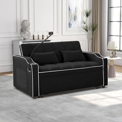 Convertible Sleeper Sofa Bed, 3 in 1 Velvet Pull Out Loveseat Couch Modern Comfy Futon Sofa with Adjustable Backrest & Phone Holder & USB Charging Space Saving for Living Room, Small Apartment, Grey