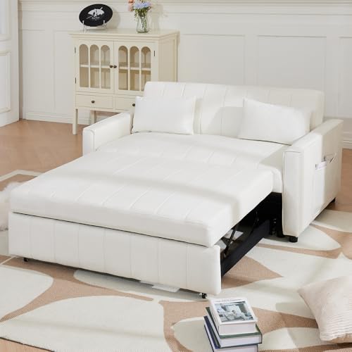 Convertible Sleeper Sofa Bed, 55.51" Modern Velvet 3-in-1 Futon Couch, Pullout Bed with Adjustable Backrest, Storage Pockets and Toss Pillows for Living Room, Bedroom (Black)