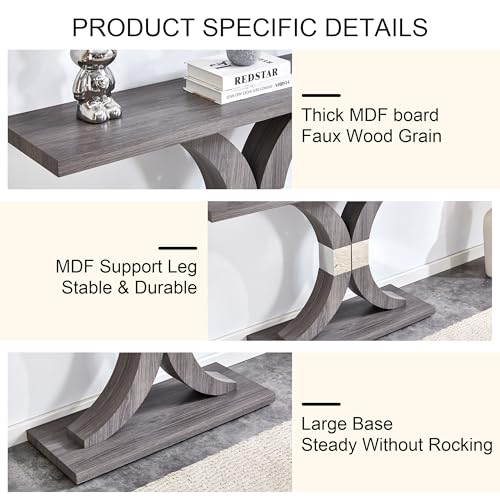 Modern Gray Console Table, 55 inch Narrow Entryway Foyer Table with Geometric Base, Vintage Sofa Table, Rustic Hallway Accent Table for Living Room, Entrance, White and Gold