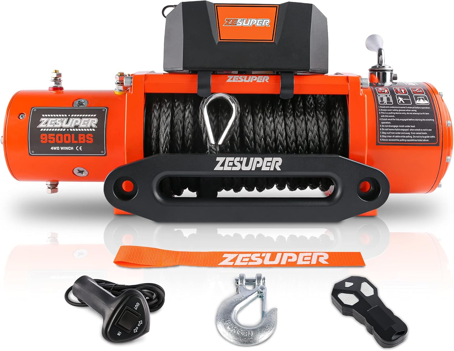 ZESUPER 9500 lbs Electric Winch Kit Waterproof IP67 Electric Winch with Hawse Fairlead, with Both Wireless Handheld Remote and Corded Control Recovery (9500-Rope)