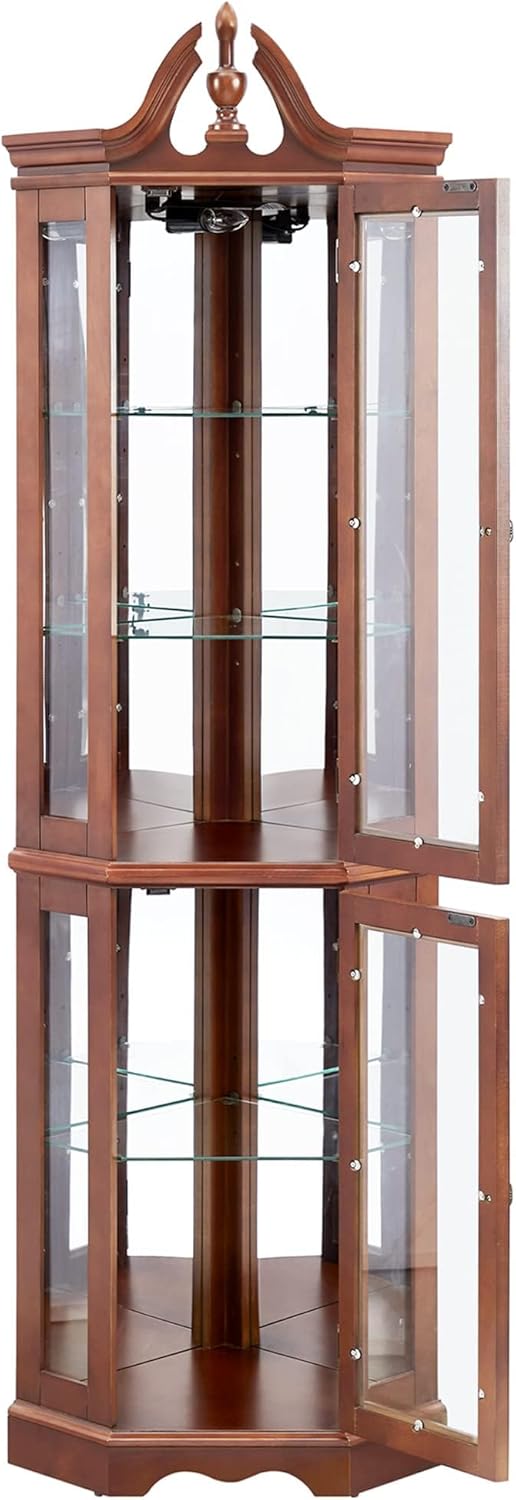 Lighted Curio Cabinet with Curved Top Finial, Wooden Corner Display Cabinet with Adjustable Tempered Glass Shelves, Retro Storage Cabinet with Mirrored Back & Tempered Glass Doors