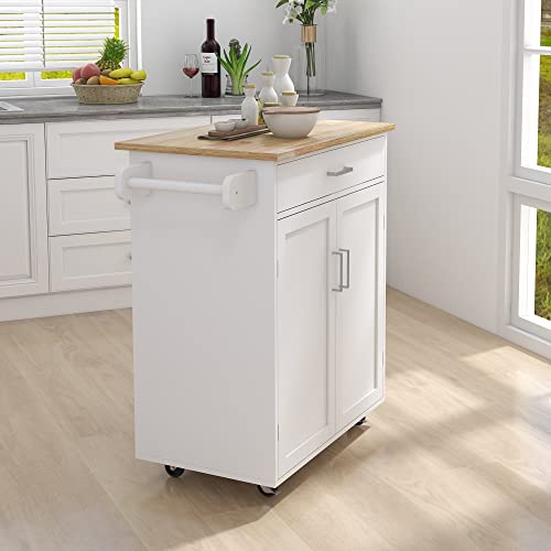 ACLULION Small Kitchen Island Cart with Storage, Rolling Kitchen Island with Rubber Wood Top, Kitchen Island on Wheels with Drawer, Towel Rack and Cabinet for Kitchen, Dining Room (White)