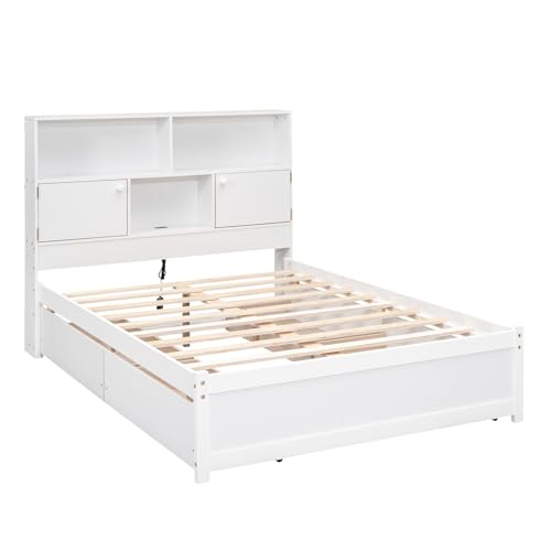 Bellemave Captain beds with Storage, Full Size Storage Bed with 4 Drawers and Storage headboard, Full Size Bed with Bookcase and USB, Full Bed for Kids, Boys, Girls, Teens Adults, White