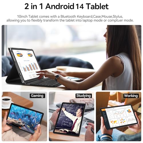 Tablet 10 Inch Android 14 Tablet, Octa-Core 5G WiFi, 4G Cellular Tablet 128GB ROM 14GB RAM, 2024 Newest Tablet with Keyboard Bundle 1TB Expand Android Tablet 13MP+8MP Dual Camera, GPS Tab HD Display