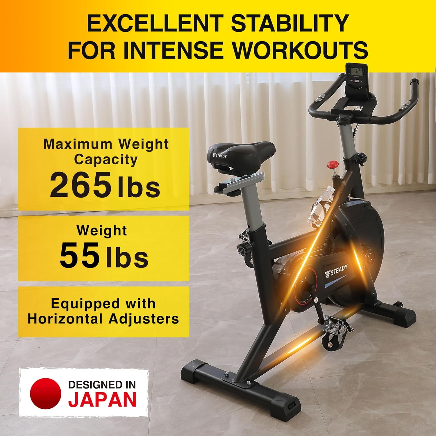 STEADY JAPAN Stationary Exercise Bike for Home - Cycling Bike with LCD Monitor & Comfortable Seat Cushion, ST128