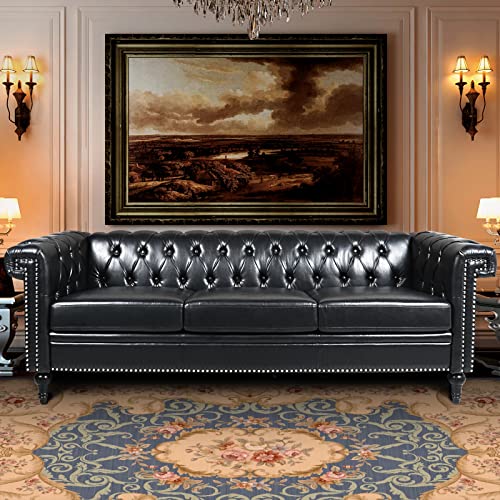 Chesterfield Velvet Sofas for Living Room, Traditional Square Arm 3-Seater Sofa 82.5" Couch Deep Button Nailhead Tufted Blue Upholstered Couches Removable Cushion Easy to Assemble