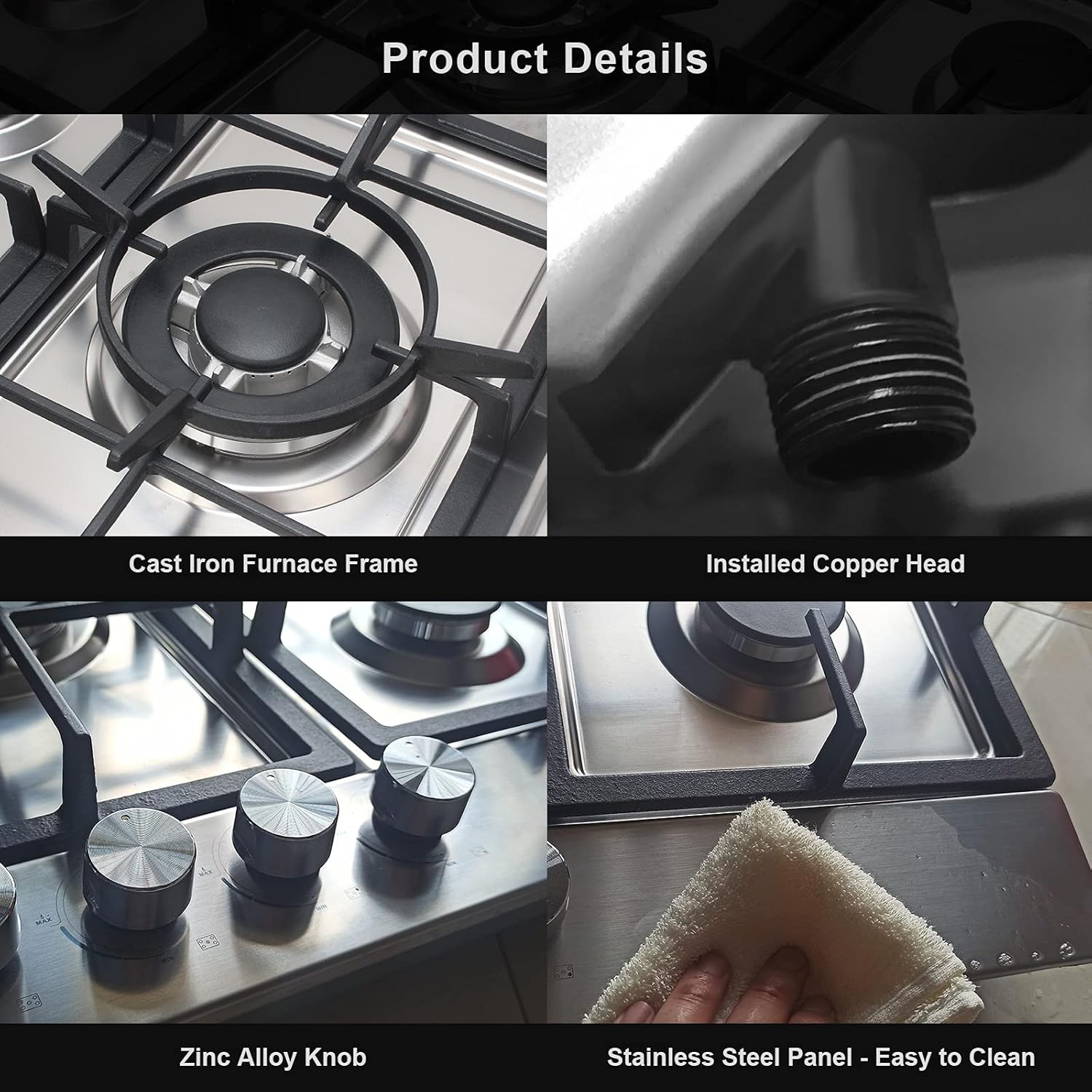 Gas Cooktop 36 inch with 5 Sealed Burners in Stainless Steel, Built-in Stovetop with Thermocouple Protection, Gas Stove Top with Cast Iron Grates, Gas Hob with LPG/NG Convertible and Easy to Clean