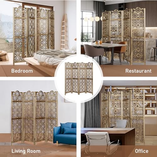 ECOMEX Carved Room Dividers,6 Panel Room Divider with Hand Carved Vintage Style Room Dividers and Folding Privacy Screens,Retro Flower Pattern, Grey