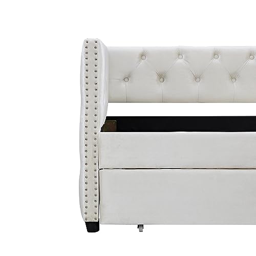 Velvet Twin Daybed with Storage, Upholstered Day Bed Twin Size with Drawers and Headboard, Solid Wood Bed Frame for Living Room and Bedroom, No Box Spring Needed (Beige Velvet)