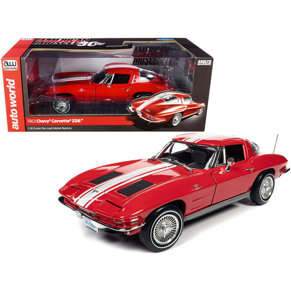 1963 Chevrolet Corvette Stingray Z06 Riverside Red with White Stripes American Muscle 30th Anniversary 1/18 Diecast Model Car by