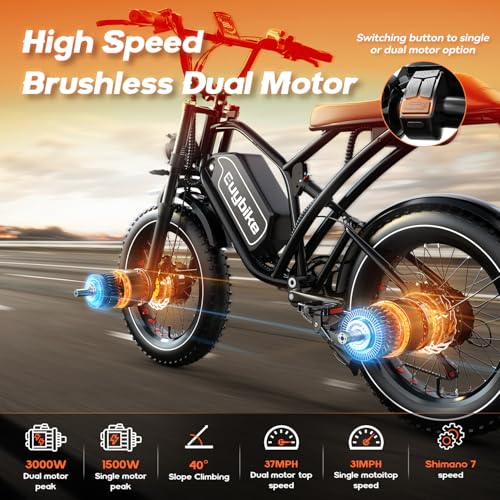 Electric Bike for Adults, 2000W/3000W Peak Single/Double Motor with 48V/52V 25AH/30AH Battery, 20"x4.0" Fat Tires 35MPH/37MPH Ebike, Dual Hydraulic Disc Brake Full Suspension Electric Bicycle