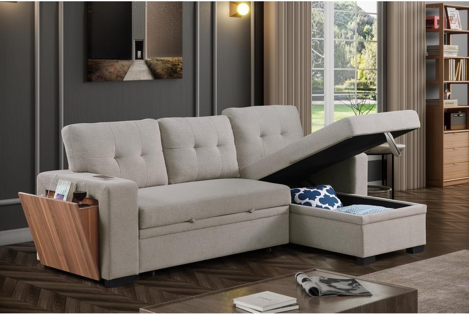 Devion Furniture 92" W Modern L-Shaped Polyester Fabric Upholstered Reversible Side Compartment Sleeper Sectional Sofa Bed with Chaise in Light Gray Finish