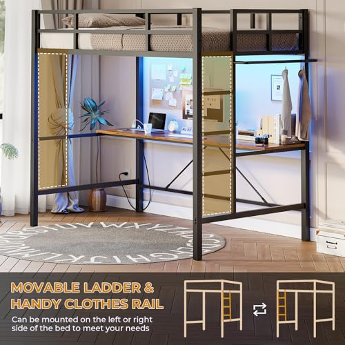 DICTAC Loft Bed with Desk and Led Lights Metal Loft Bed Twin Size with Power Outlet Twin Bed Frame with Top Bunk and Safety Guard & Ladder, Space-Saving,No Noise,No Box Spring Needed, White
