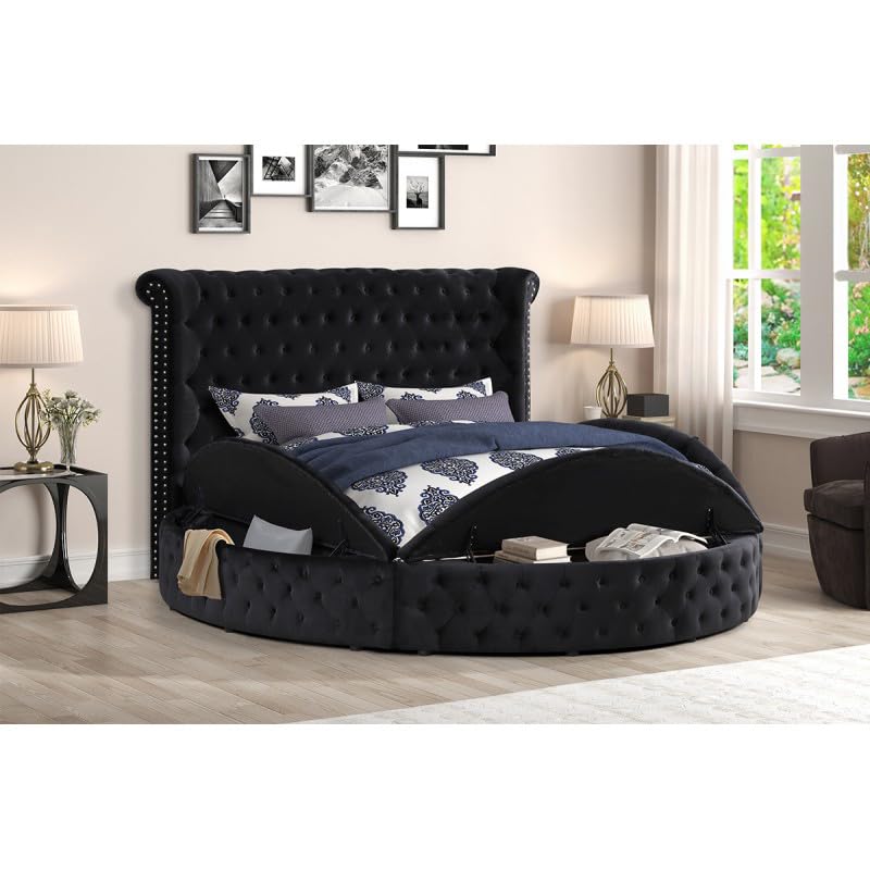 First of a Kind Circle Velvet tufted upholstered platform storage bed, Circle Bed with Button Tufting and Storage Compartments in Rails and Footboard, circle bed frame (Cream, California King)