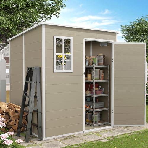 Outdoor Storage Shed, 6x6 FT Resin Shed with Floor and Lockable Door, Window, Vents, Tool Sheds and Outdoor Storage for Bike, Garden Accessories, Tools, Waterproof (Grey & White)