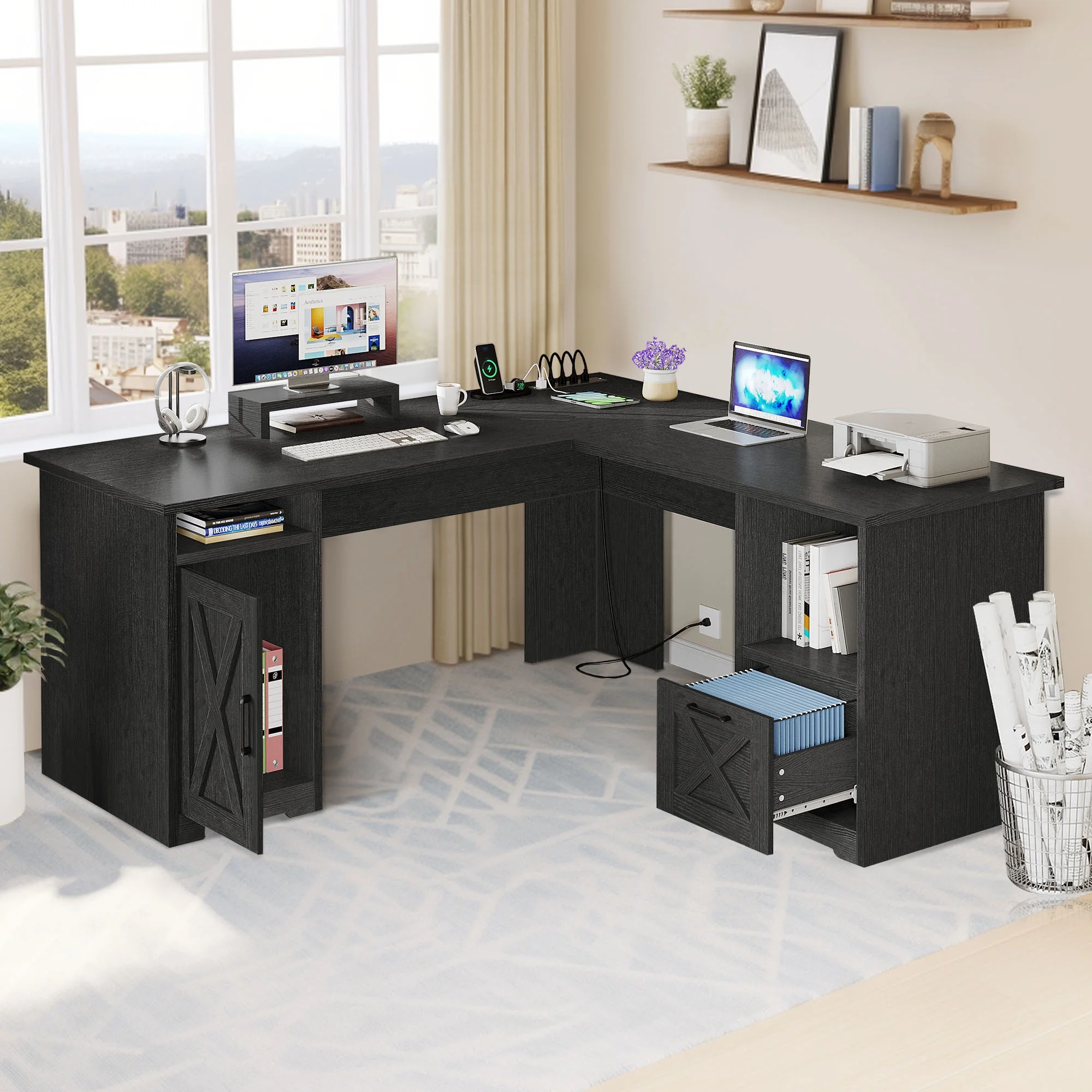 Dextrus 59 Inch L-Shaped Desk with Power Outlet & USB Ports, Office Desk with File Cabinets, Large Computer Desk with Drawers, 2 Person Corner Desk Writing Desk with Storage Shelves, Black